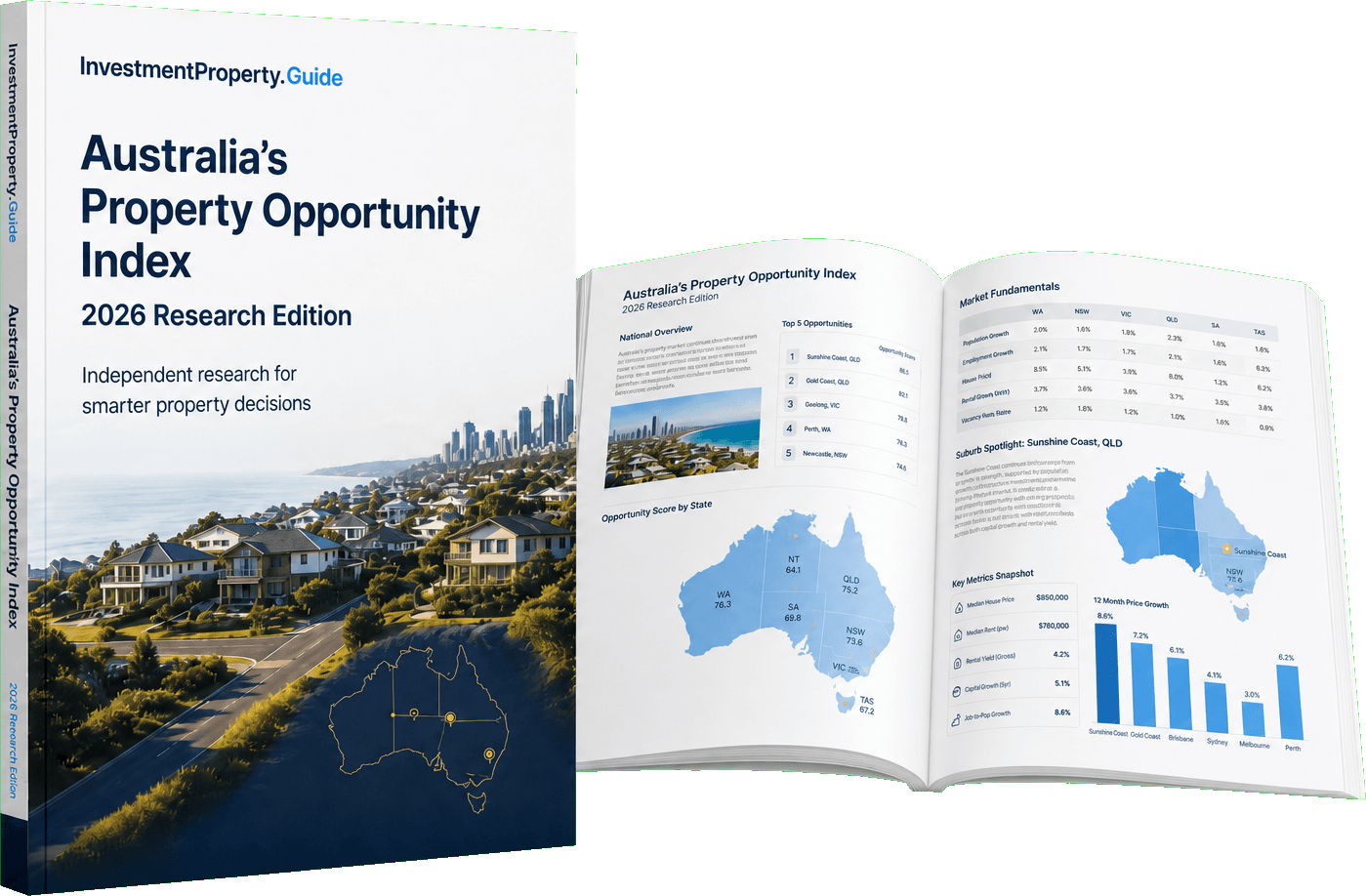 Australia’s Property Opportunity Index report standing beside open sample research pages